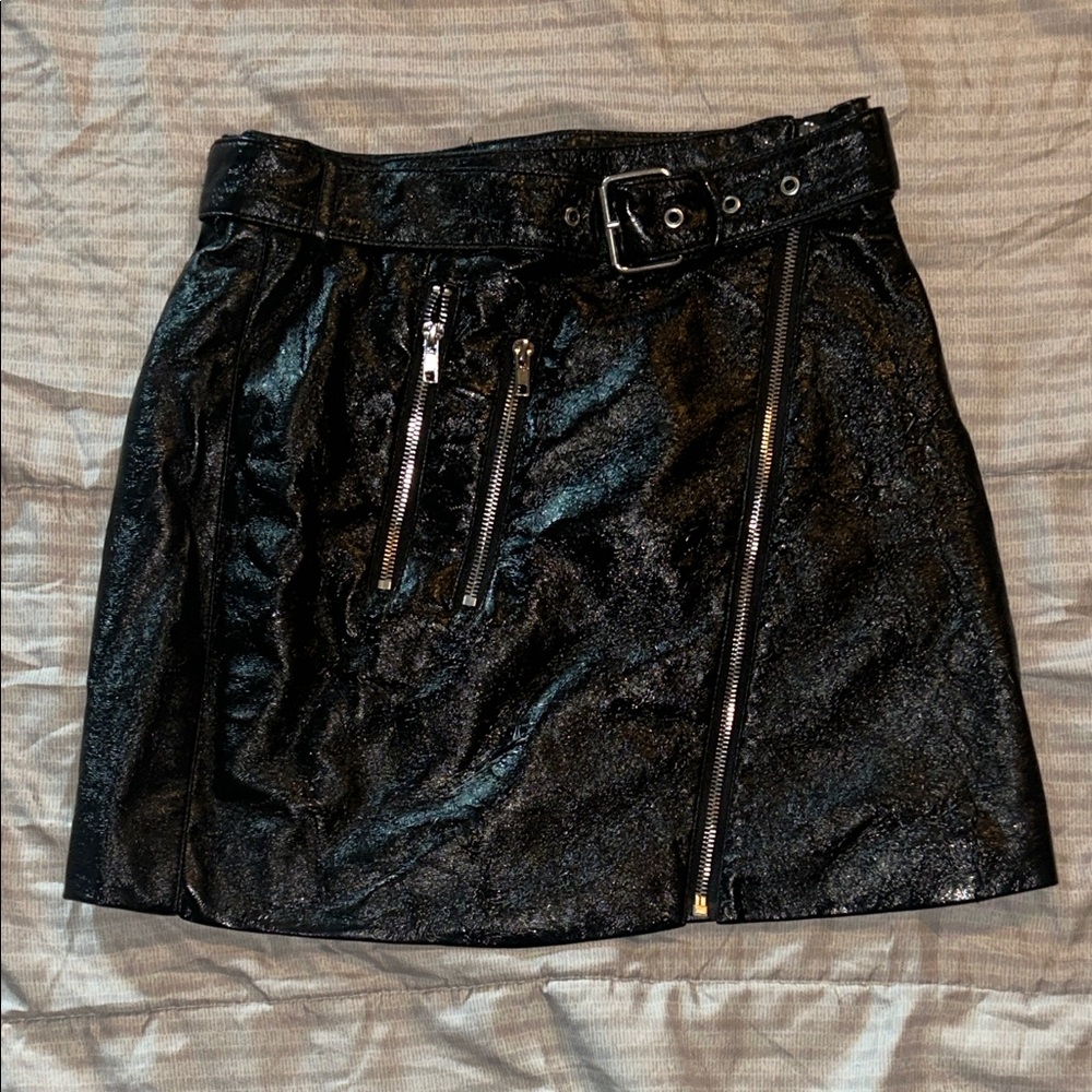 Forever 21 Shiny Black Faux-Leather Belted Mini Skirt with Zippers